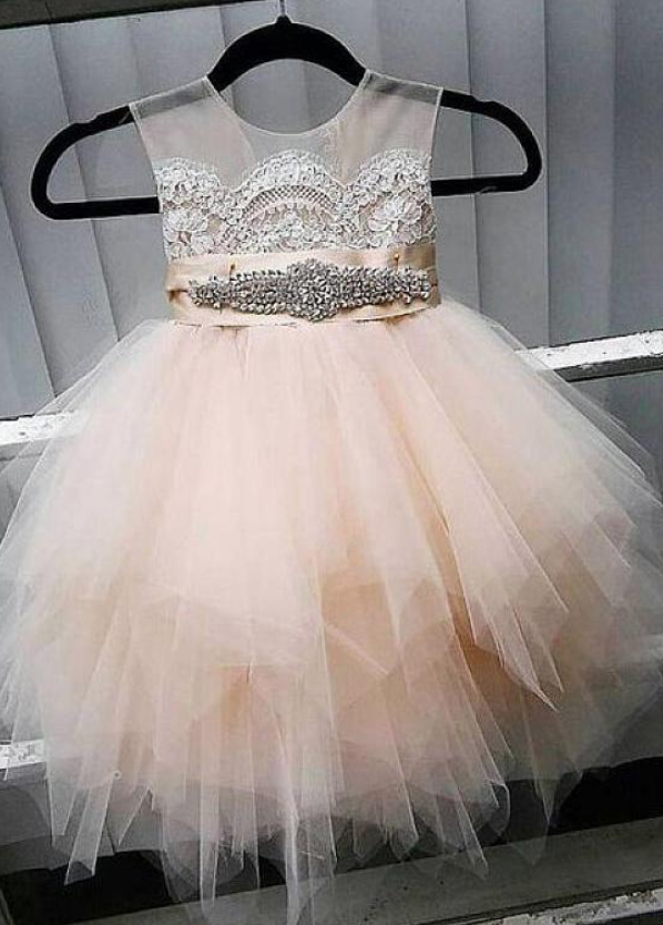 Cute Tulle Jewel Neckline Cap Sleeve Beading Flower Girl Dresses With Lace Appliques,fg1840