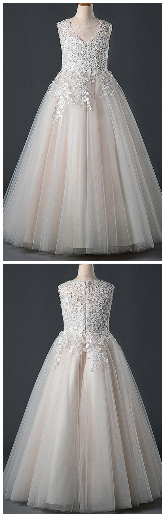 Tulle Jewel Neckline A line Flower Girl Dress With Lace Appliques on Luulla