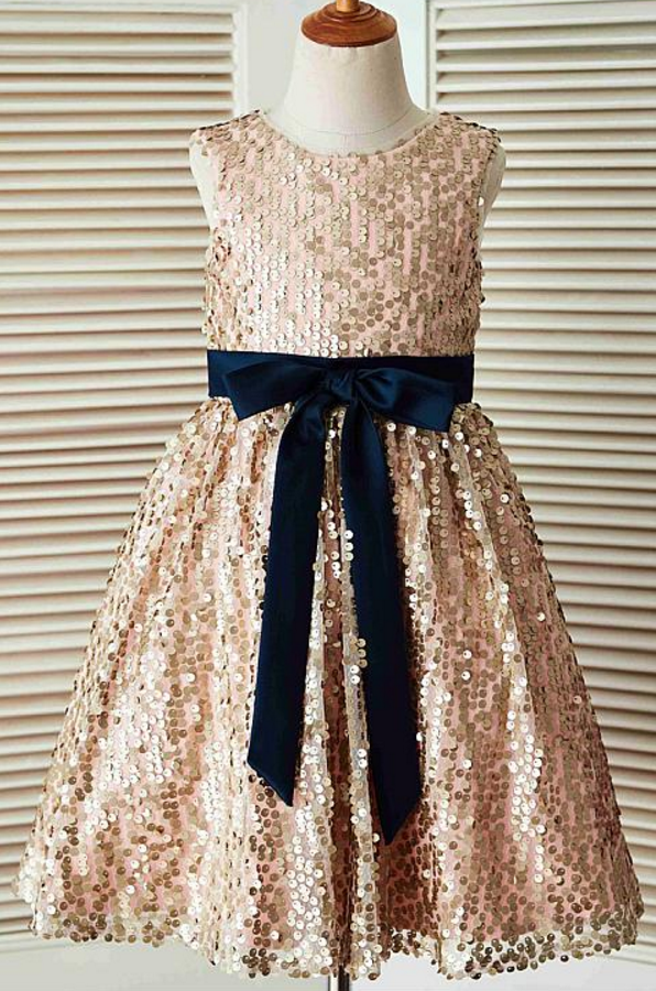 Sequin Lace Jewel Neckline Knee-length A-line Flower Girl Dresses