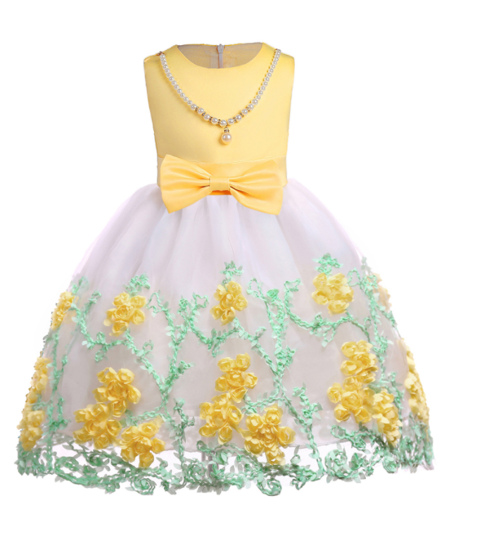 Fashion Yellow Tea Length Floral Flower Girl Dresses With Bow ,first Communion Dresses For Girls