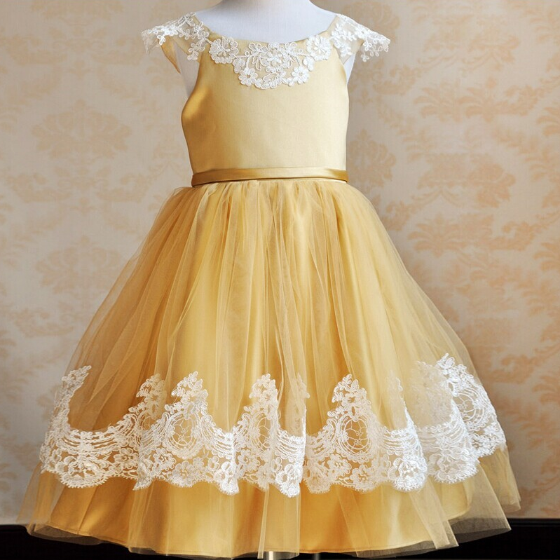 Tea Length Flower Girl Dresses Children Birthday Dress Lace Applique Kids Wedding Party Dresses 0628-14