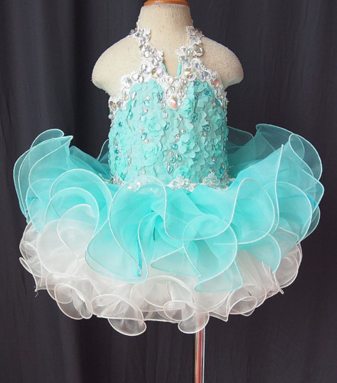 2016 Mint Green Lovely Halter Little Girls Pageant Dresses Cupcake Appliques Crystals Mini Flower Girl Dresses
