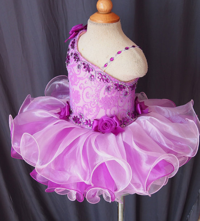 Lovely 2015 Purple Cupcake Girls Pageant Dresses Mini Beaded Sequins Ruffles Flower Girl Dresses For Little Kids