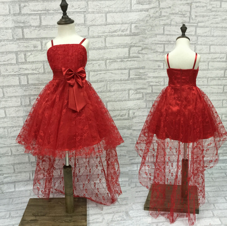 Red Lace Flower Girl Dress 2016 Girl Party Dress With Long Train Girls Pageant Dresses Wholesale