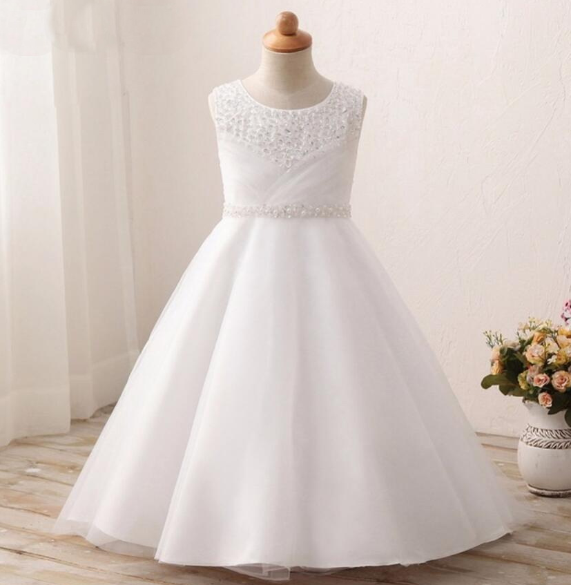 Real Image Flower Girl Dress With Long Train For Party Sequined Beaded Pearl A-line Dresses Princess Gowns