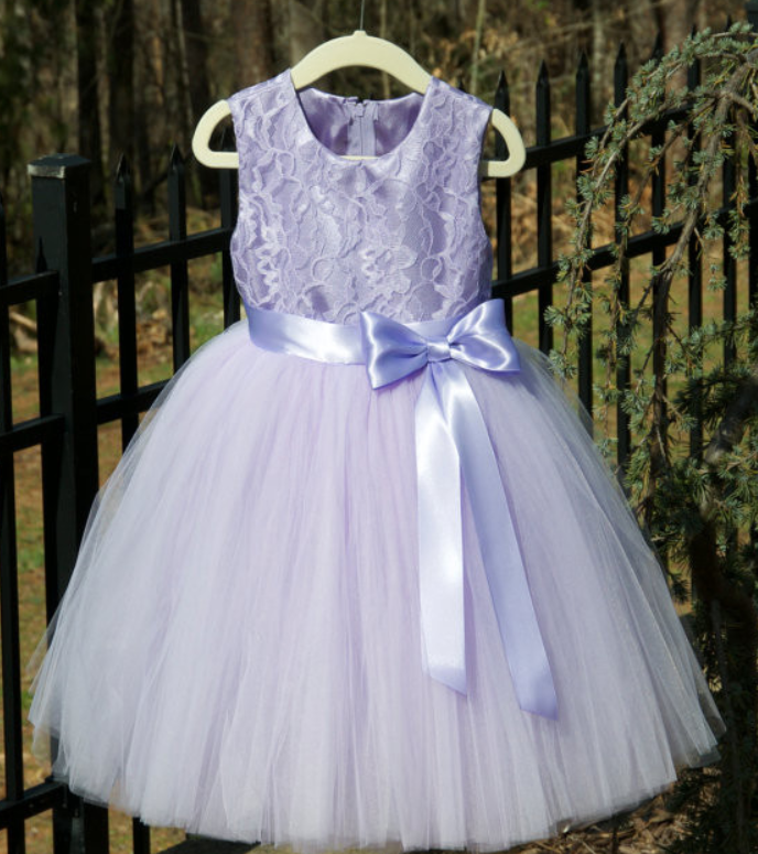2018 Light Purple Flower Girl Dresses With Bow High Neck Floor Length Tulle Little Kids Communion Dress