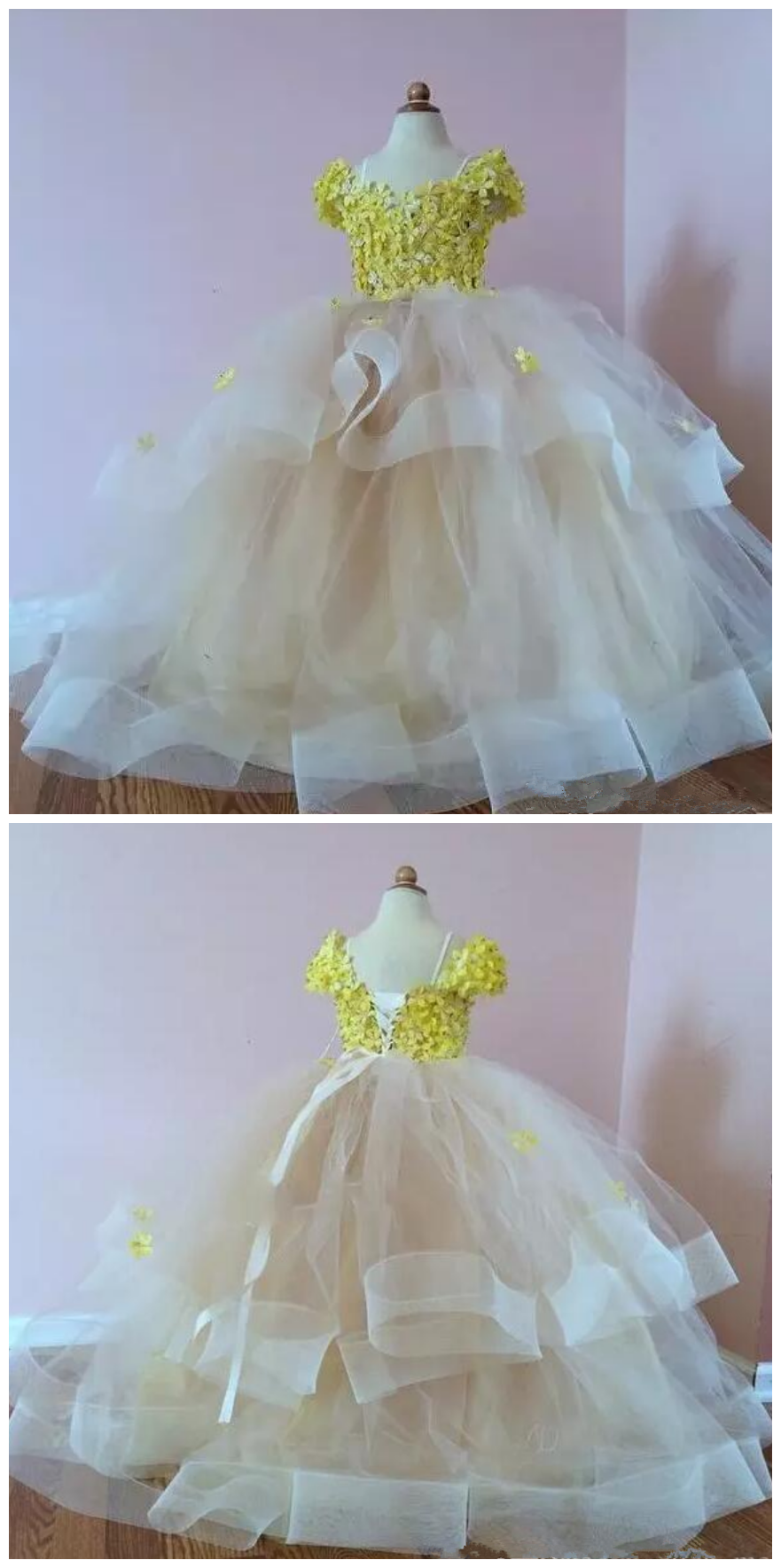 Flower Girls Dresses For Weddings With Cap Sleeves Handmade Flowers Little Girl Pageant Dress Tulle Organza Long Kids Party Dress
