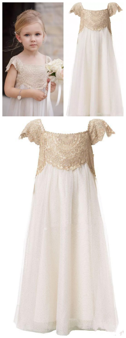 Flower Girl Dresses For Bohemian Wedding Floor Length Cap Sleeve Empire Champagne Lace Ivory Chiffon First Communion Dresses