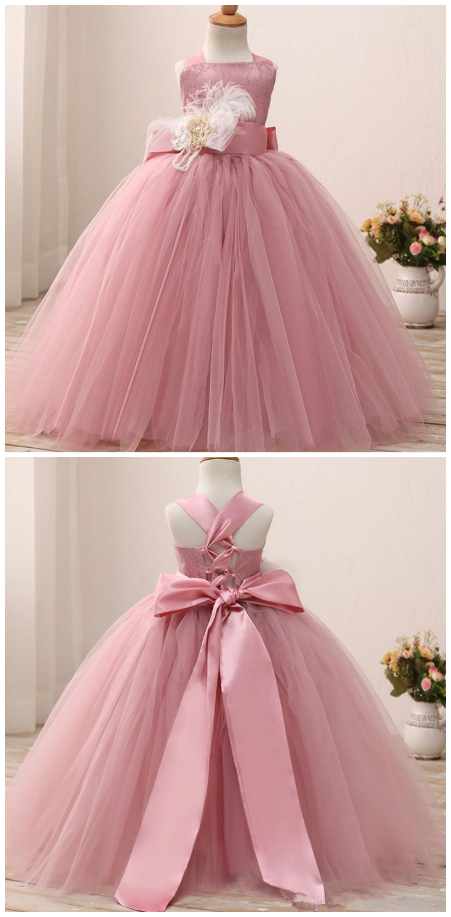Charming Dusty Rose Toddler Flower Girls Dresses For Wedding With Straps Feather Flowers Lace Tulle Ball Gowns Girls Formal Pageant Dresses
