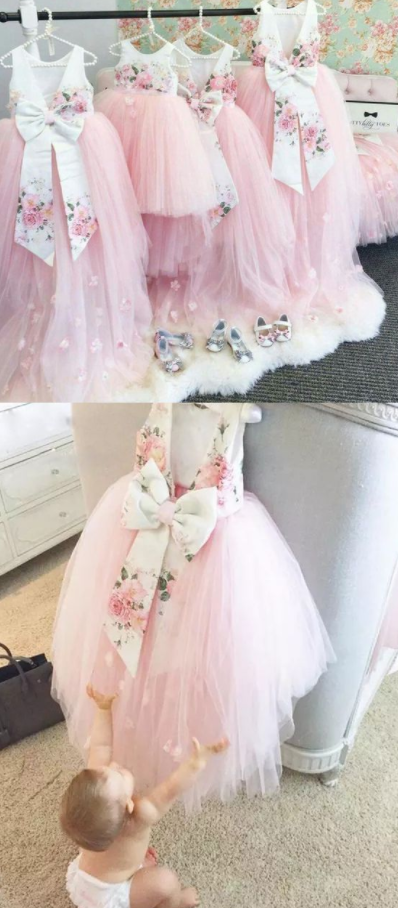 High Low Jewel Backless Pink Tulle Flower Girl Dress With Appliques Bowknot,fg1192