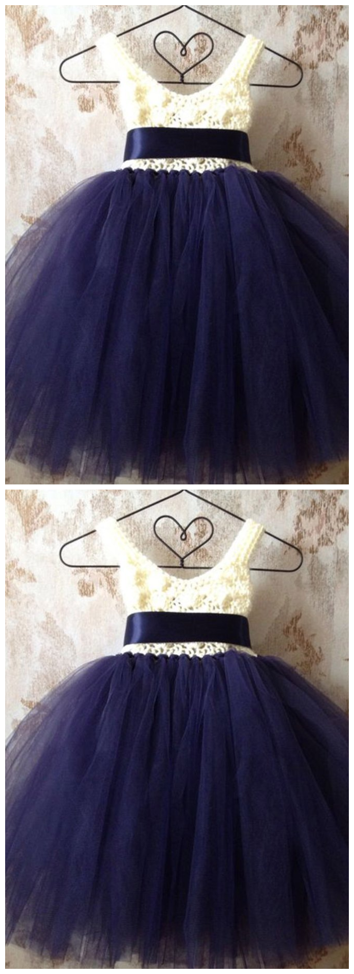 Dark Blue Organza V Neck Lace Girls Dress With Straps