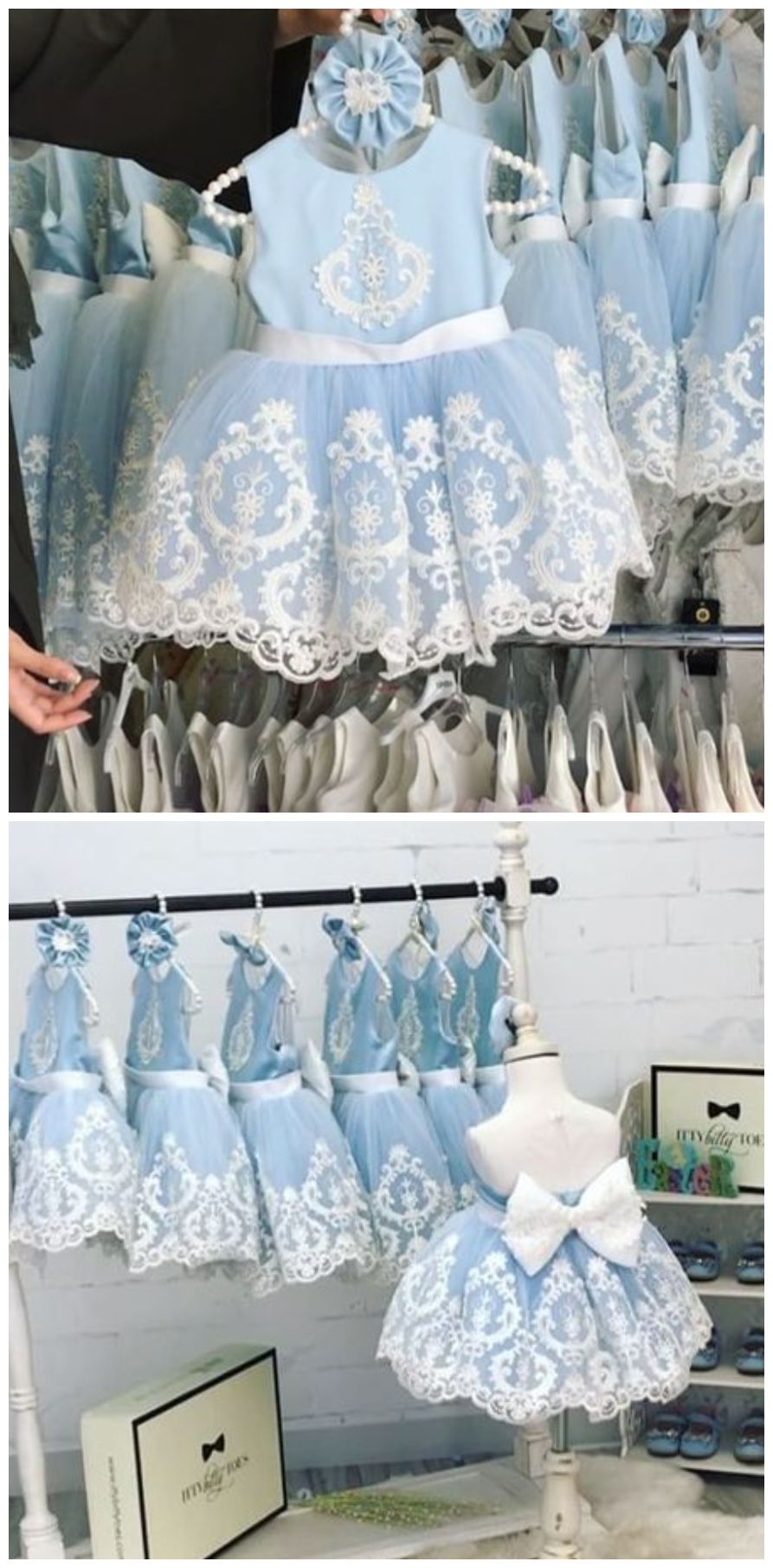 White Lace Appliques Sky Blue Long Flower Girl Dresses Ball Gown Girl Communion Dress Girls Pageant Dress Kids Prom Party Dress
