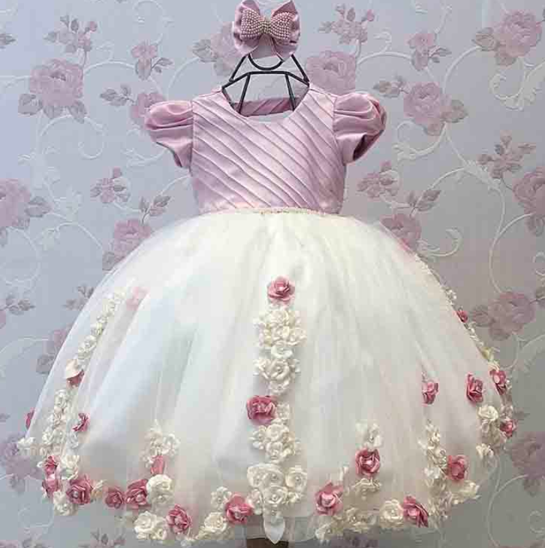 Cute O Neck Short Sleeve Appliqued 3d Flowers Bow Floor Length Ball Gown Little Girl Pageant Dresses