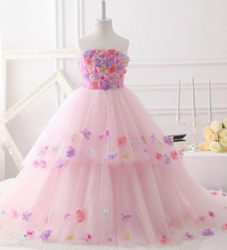 Blush Pink Sweetheart Neck Sleeveless Pleated Flowers Ball Gown Little Flower Girl Dresses