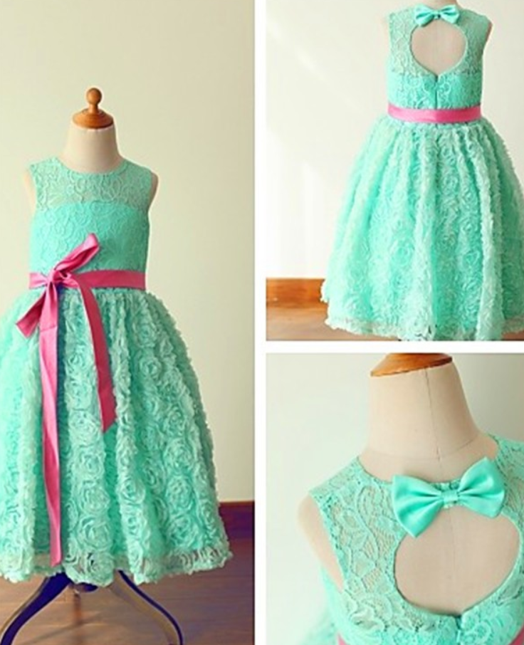 Custom Tea Length Flower Girl Dresses Mint Green Flowers Petals Lace Jewel Flower Girl Dress A Line Bow Sash Girls Formal Party Gowns