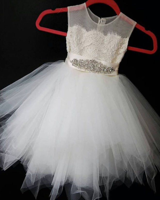 Cute Ivory Organza A-line Sequins Short Girls Dress With Straps