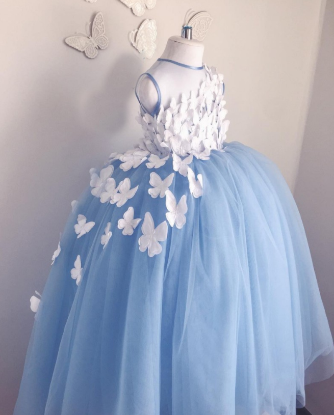 Sky Blue Ball Gown Flower Girl Dresses Tulle 3d Floral Appliques Pageant Gowns Butterfly Communion Fancy Dress Costumes