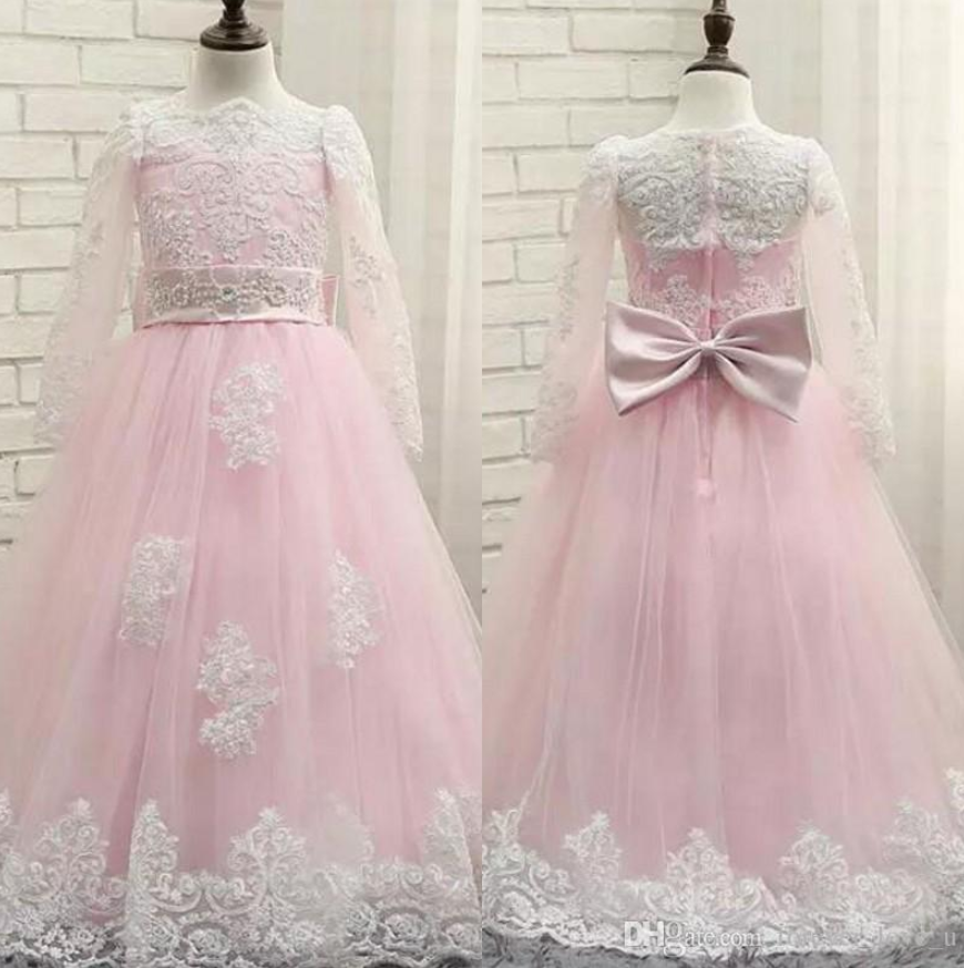 Lovely Pink Flower Girl Dress Sheer Neck Illusion Long Sleeves Beaded Lace Appliques Flowergirl Dresses For Weddings With Bow Sash