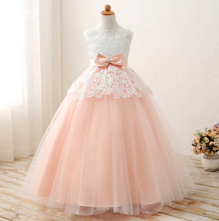 Pink And White Lace Tulle Flower Girl Dress With Bow Belt