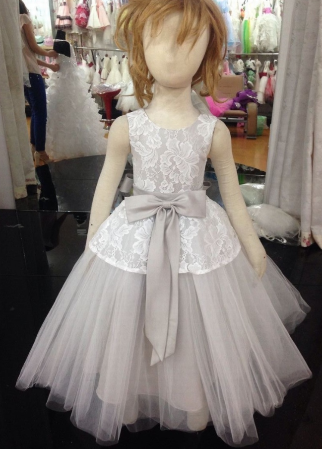 Flower Girl Dresses Children Birthday Dress Tulle Gray Lace Wedding Party Dresses Ww57