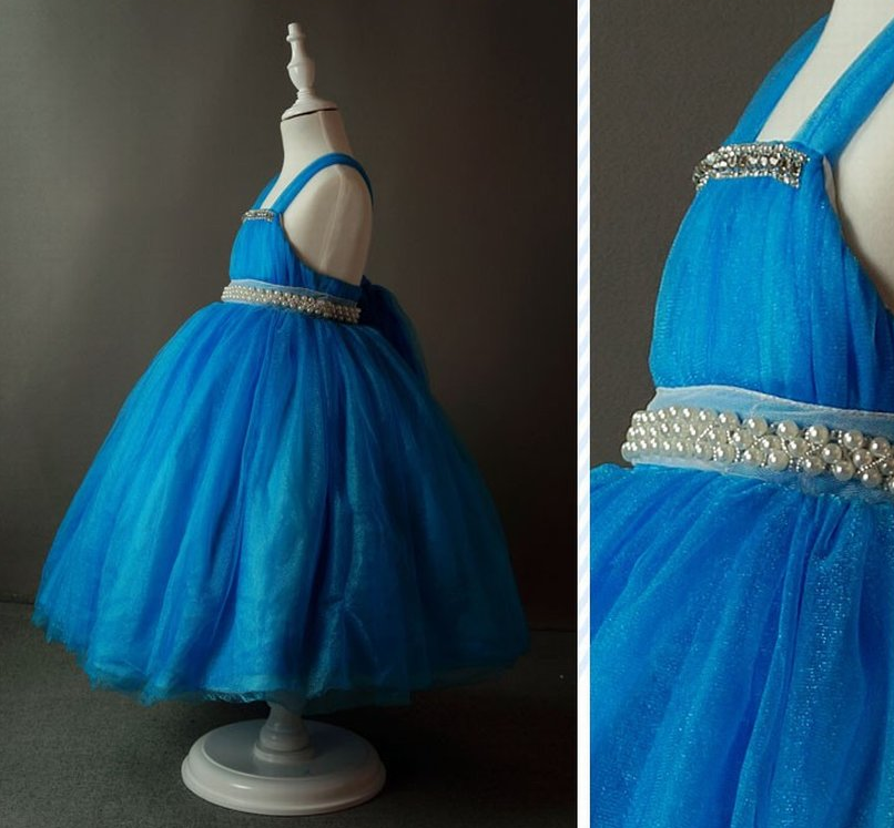 Blue Tea Length Flower Girl Dresses Children Birthday Dress Tulle Kids Wedding Party Dresses 1025-35