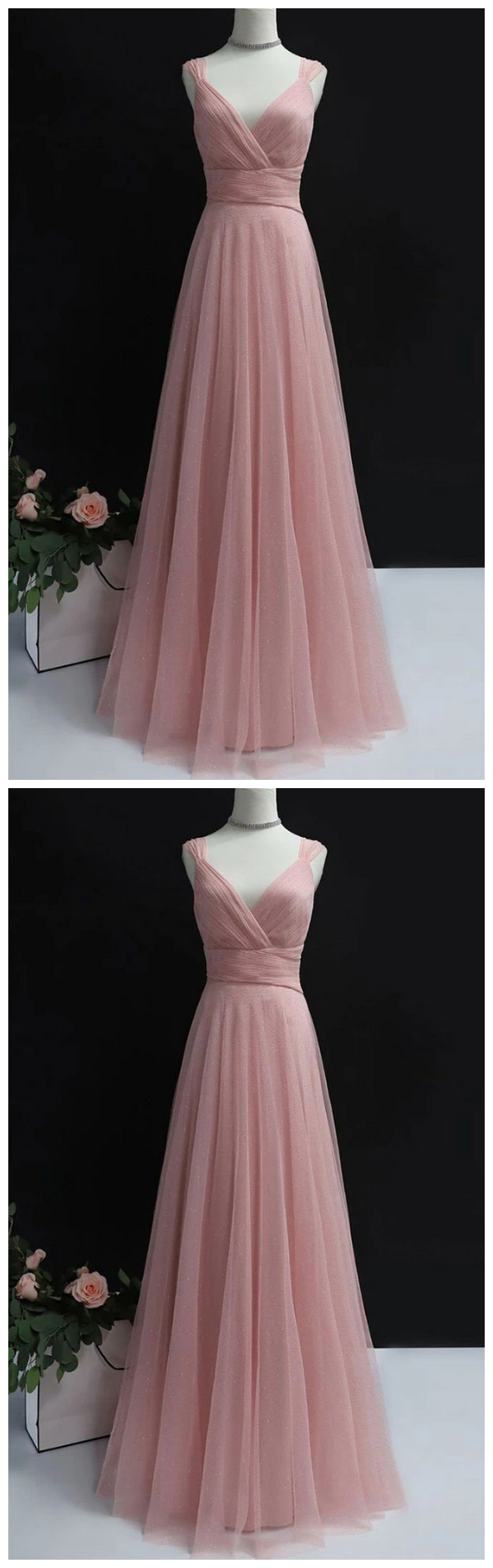 Pink tulle long prom dress, pink tulle evening dress