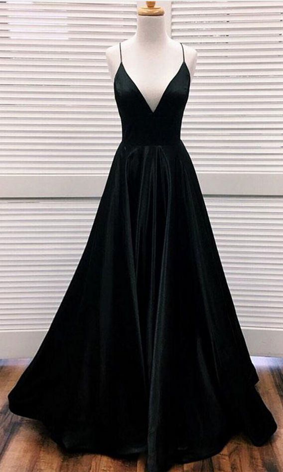 Simple A Line V Neck Black Satin Long Prom Dresses, Black Formal Dresses, Evening Dresses,