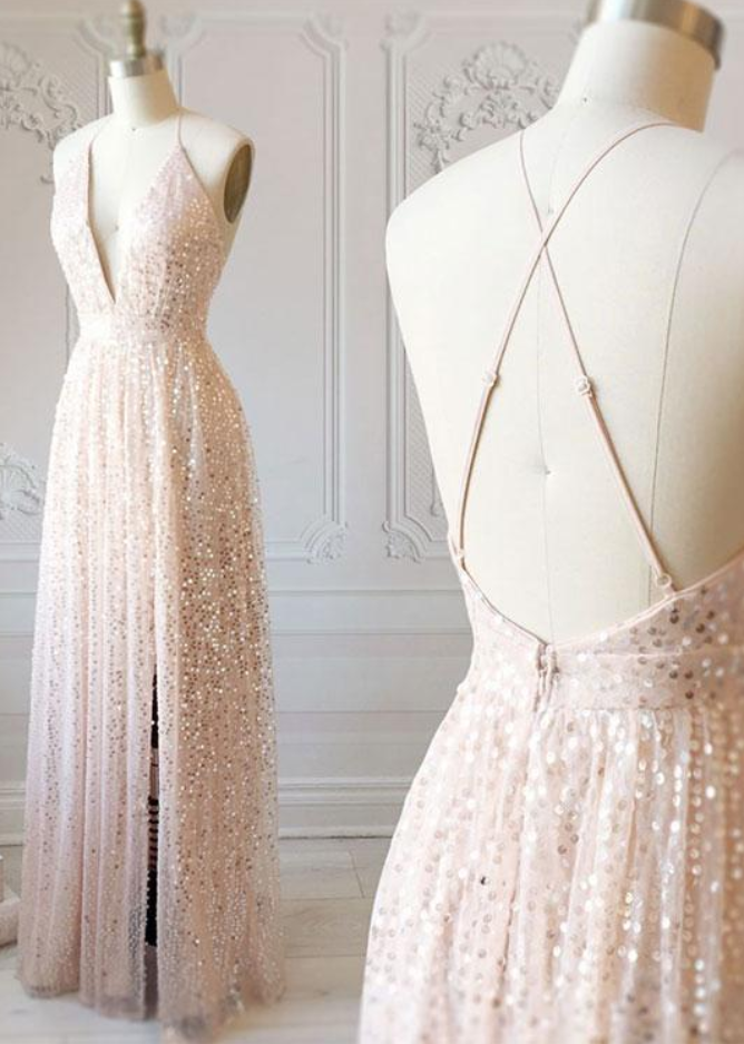 V Neck Sequins Long Prom Dress, Evening Dress