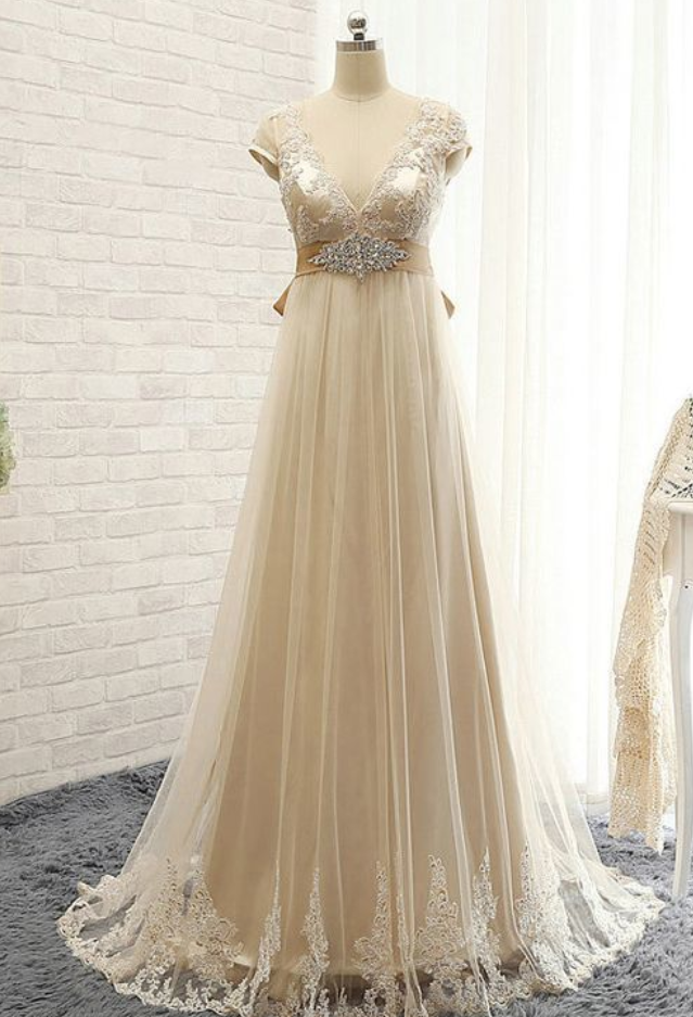Champagne Bridesmaid Dresses Lace, Yellow Bridesmaid Dresses Long, Empire Bridesmaid Dresses V-neck,