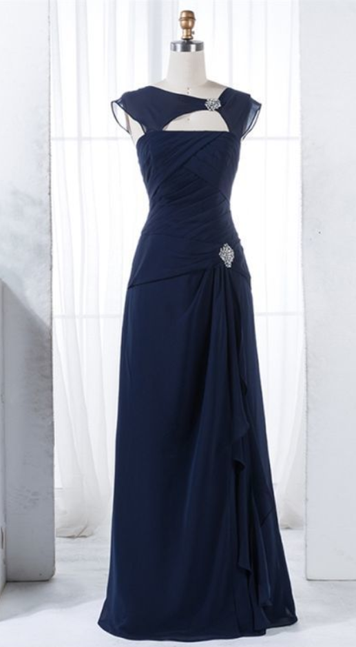 Elegant Dark Blue Ruched Bridesmaid Dress With Beading, Bodycon A-line Dark Blue Wedding Party Dress With Keyhole,