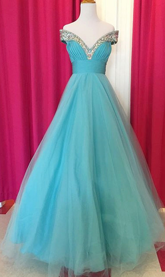 Fabulous Off Shoulder Floor Length Blue Ruched Prom Dress With Beading,