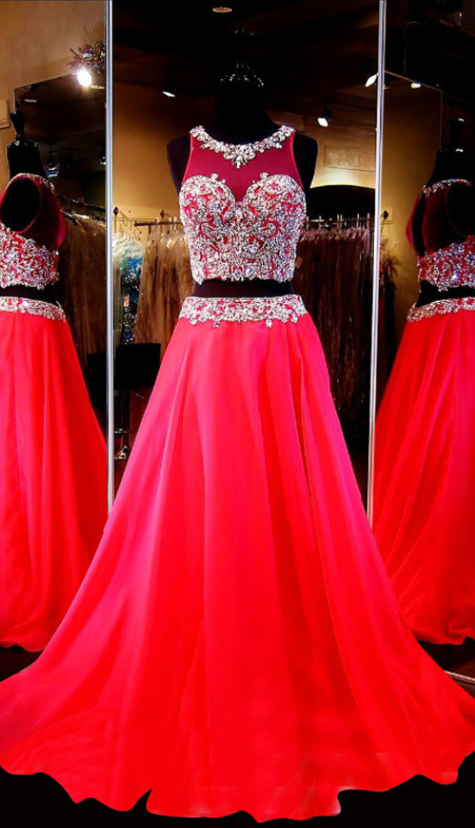 Generous Two-piece Scoop Sleeveless Red Chiffon Sweep Train Prom Dress With Beading,