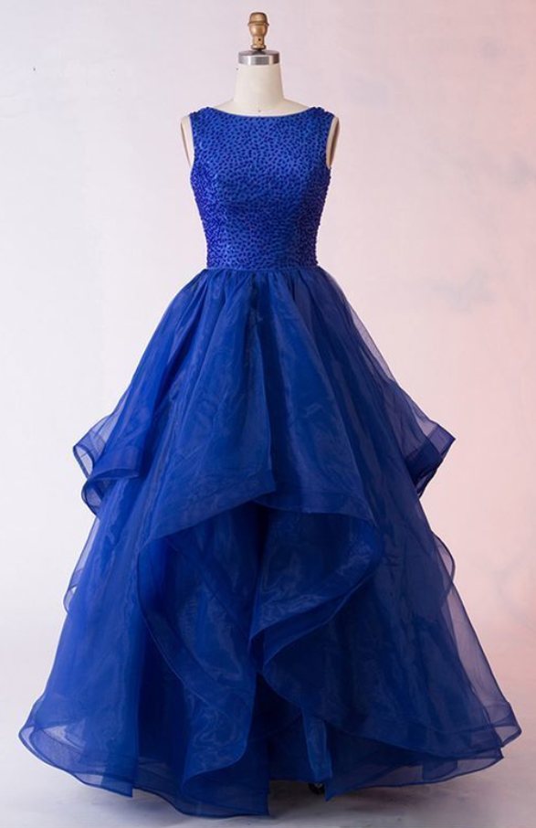 Royal Blue Organza Layered Long Open Back Sequins Prom Gown, Charming Evening Dress,