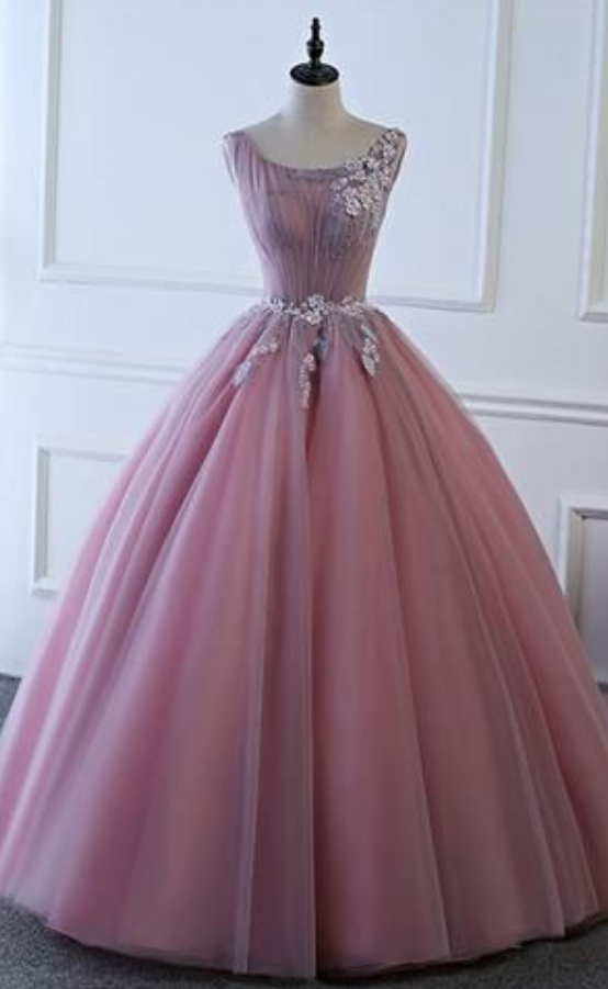 Elegant Pink Round Neck Tulle Long Prom Dress, Charming Custom Made Evening Dresses,