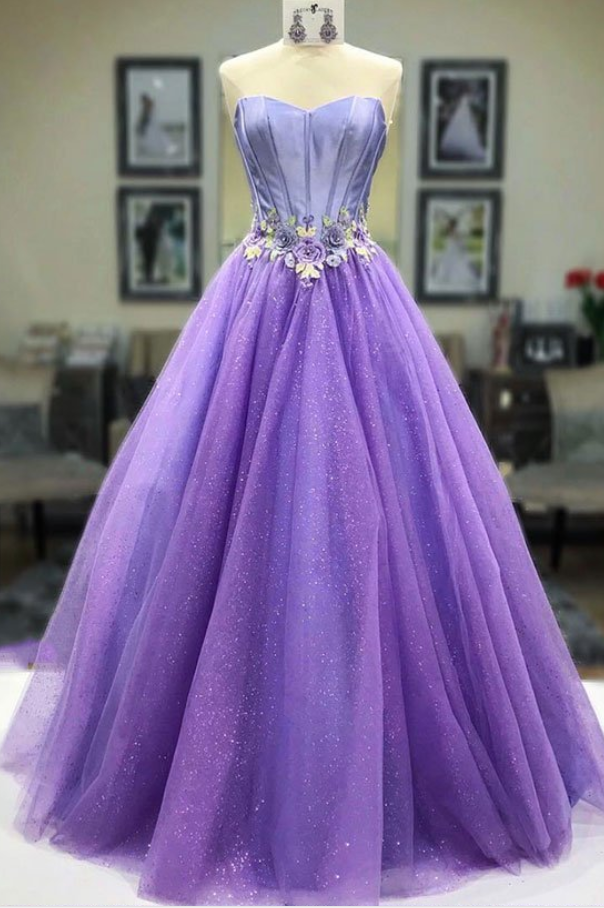 Purple Sweetheart Neck Tulle Long Prom Dress, Gorgeous Custom Made Evening Dress