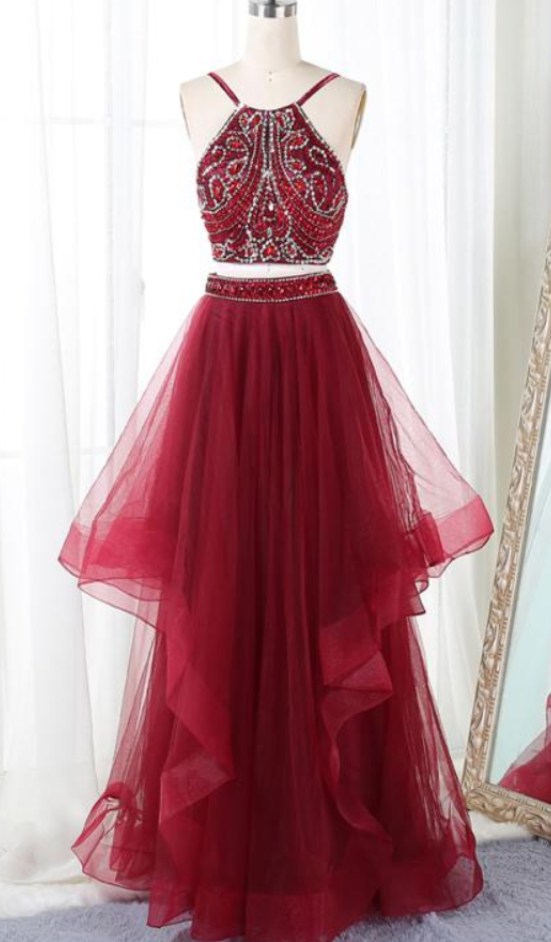 Stylish Straps Wine Red Backless Beaded Two Piece Formal Dresses, Two Piece Prom Dresses,halter Party Dresses