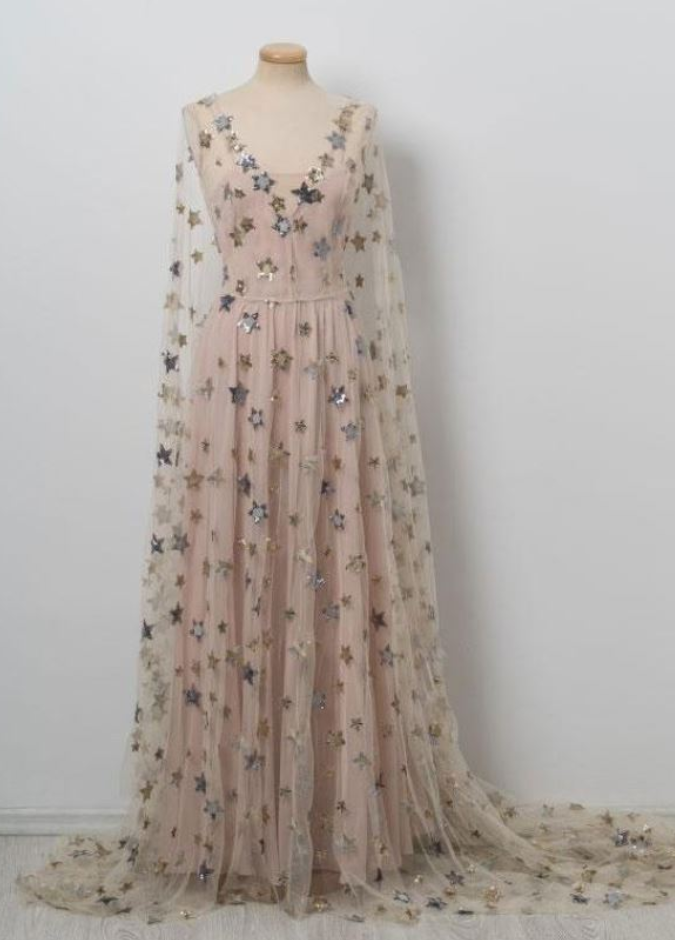 Chic V Neck Prom Dress Floor Length Sequins Pink Prom Dresses Evening Dress,