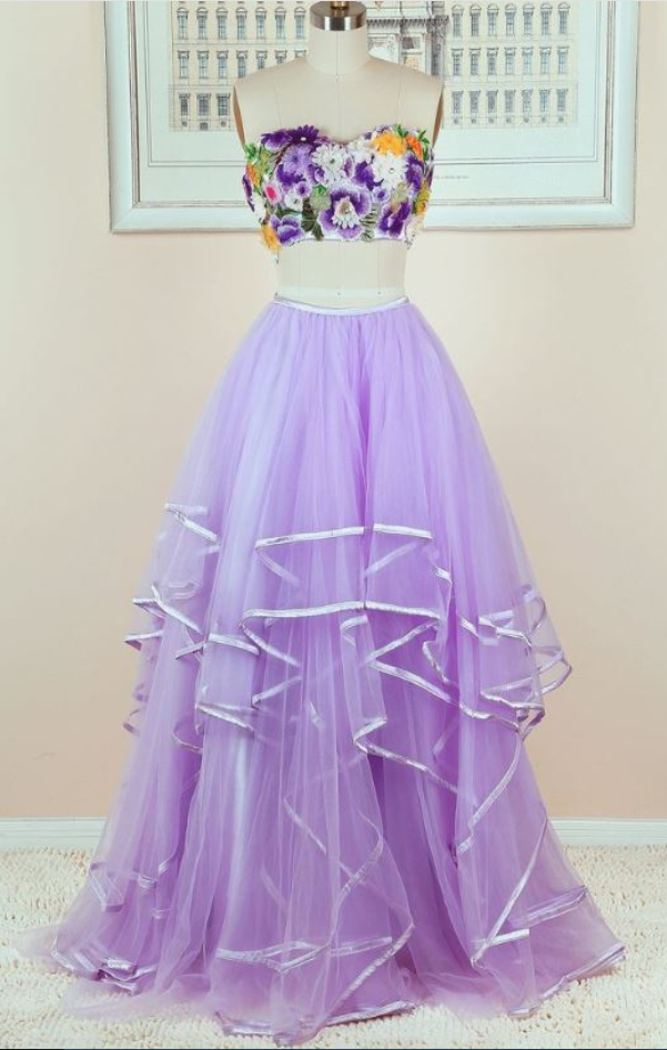 Chic A-line Two Pieces Sweetheart Prom Dress Floor Length Floral Lilac Prom Dress Evening Dresses