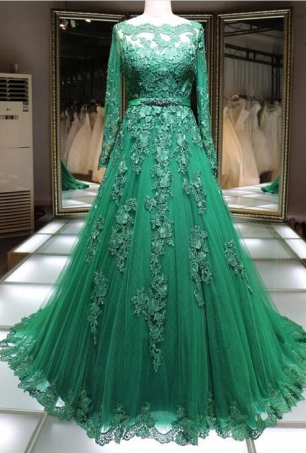 Lace Boat Neck Floor Length Handmade Formal Evening Dress With Long Sleeve,