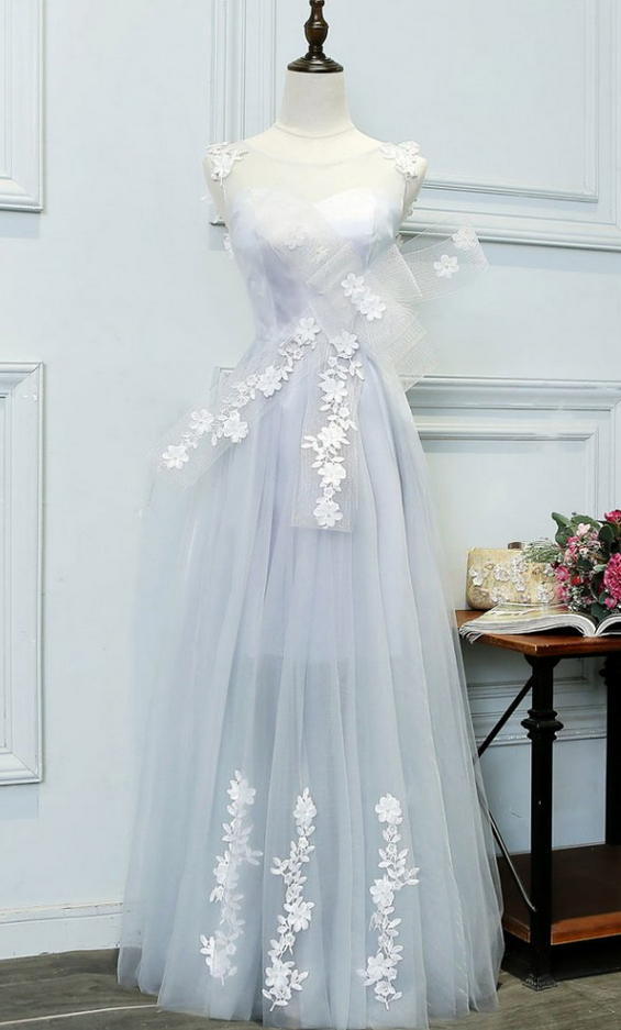 Unique Gray Tulle Lace Applique Long Prom Dress, Evening Dress,
