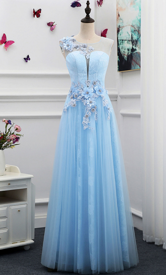 Fashion Prom Dresses,unique Light Blue Tulle Floor Length 3d Flower Halter Formal Prom Dresses