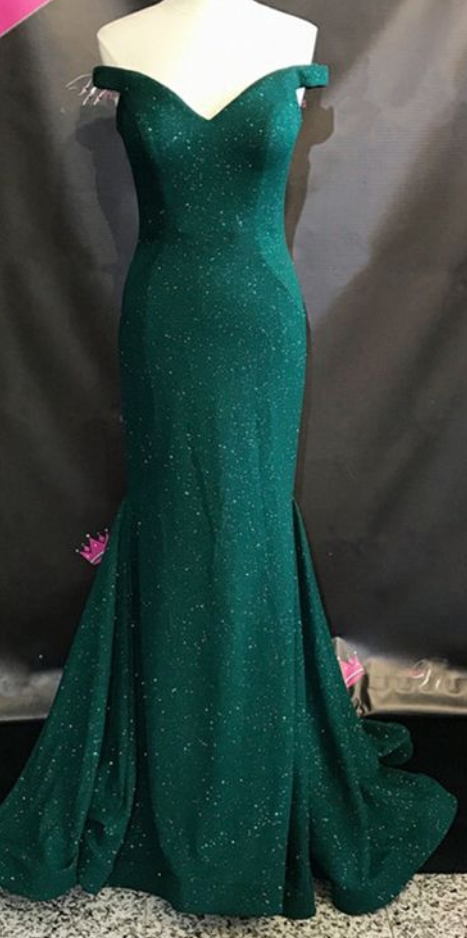 Dark Green Sparkly Off-the-shoulder Mermaid Long Prom Dress, Evening Dress With Court Train