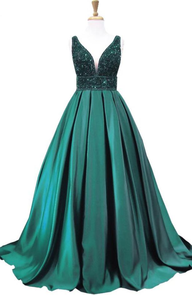 Spaghetti Straps Formal Dark Green Beaded Long Prom Dress,