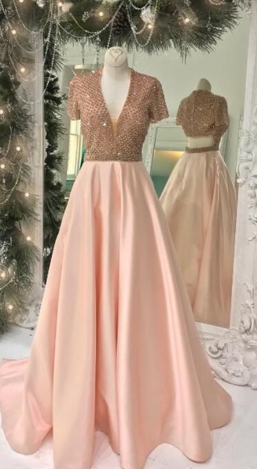 Charming Prom Dress, Sexy V Neck Beaded Prom Dresses With Short Sleeve, Long Evening Dress