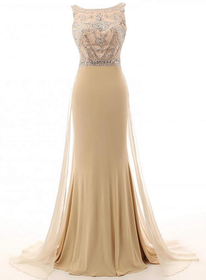 Charming Mermaid Prom Dresses,champagne Cap Sleeves Beading Long Evening Gowns