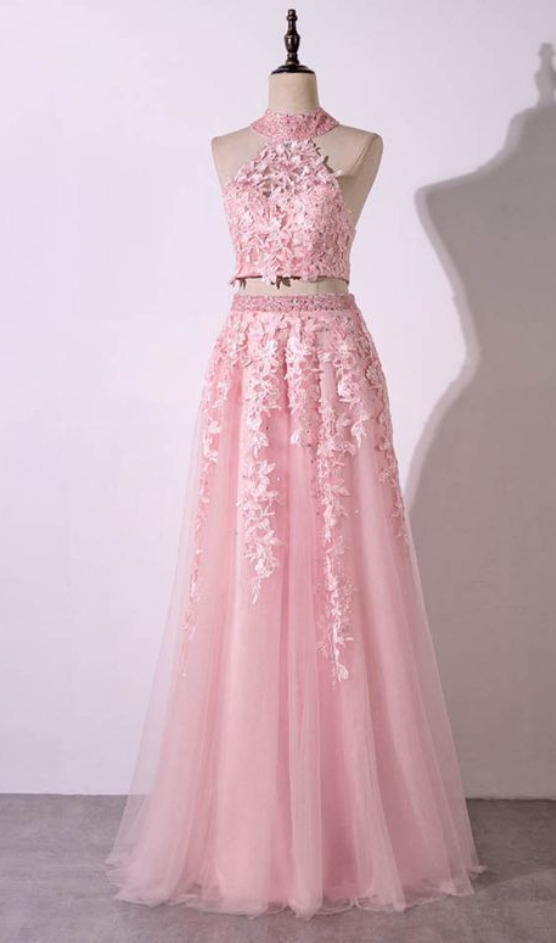 Pink Tulle Strapless Two Pieces Long Lace Prom Dress, Open Back Party