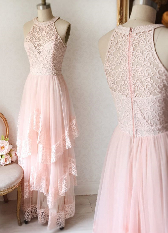 Pink Lace Strapless Long Tulle Homecoming Dress, Long Fashion Party Dresses