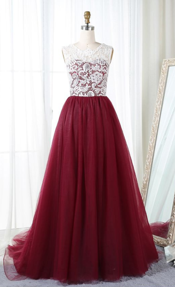 Burgundy Long Prom Dresses, Elegant Prom Dresses With Lace