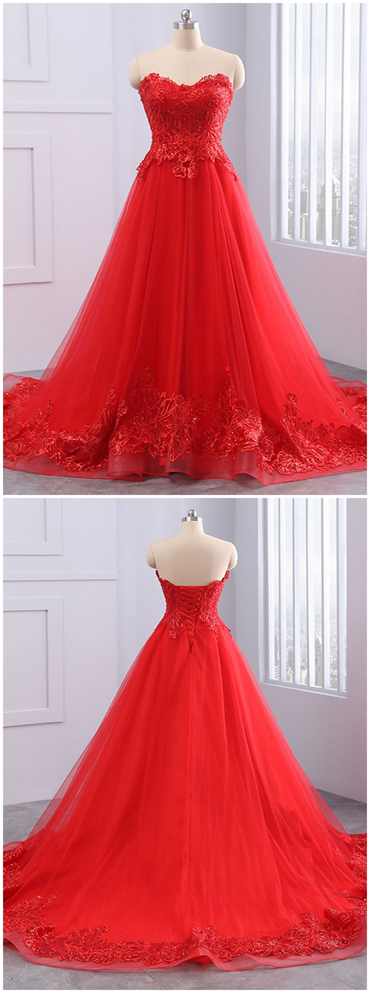 Red Tulle Strapless Long A-line Customize Lace Evening Dress, Prom Dress