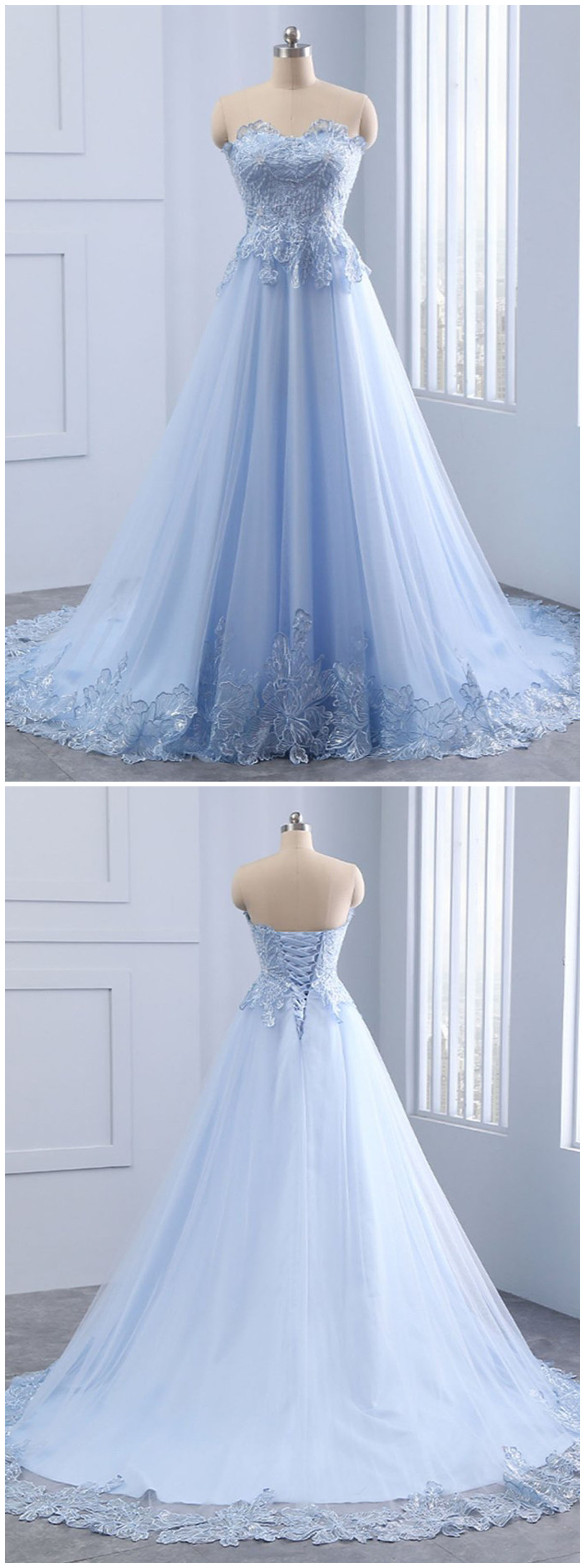 Sweetheart Neck Blue Lace A-line Long Graduation Dress, Blue Tulle Senior Prom Dress